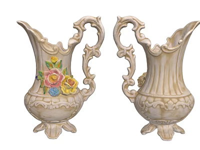 Vintage Carved Decorative Vases With Colorful Flowers Ornate Handles And Intricate Base Designs 3d model