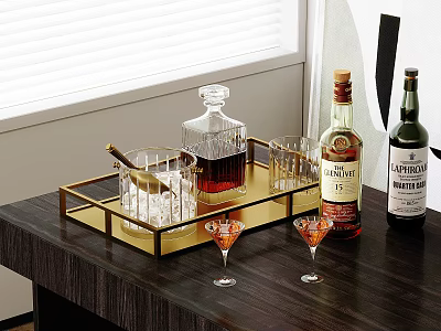Elegant Bottles and Martini Glasses on Dark Wooden Table with Gold Tray and Crystal Decanter 3d model