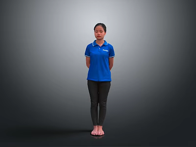Woman Standing Barefoot In Blue Polo Shirt And Black Pants Against Gray Background 3d model