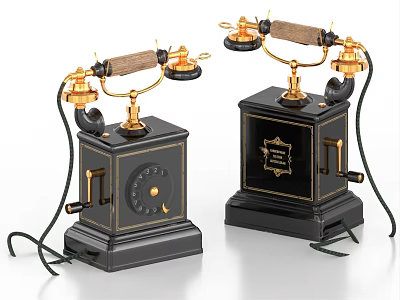Classic Vintage Office Telephones With Black Bodies Gold Accents And Wooden Handles 3d model