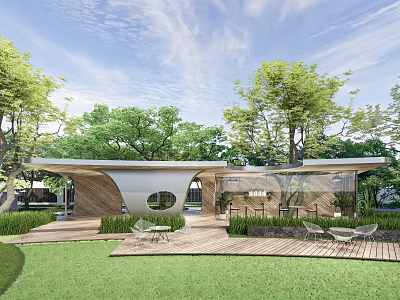 Modern Residential Landscape With Green Trees Wooden Deck Outdoor Seating Green Lawn And Blue Sky 3d model