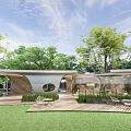 Modern Residential Landscape With Green Trees Wooden Deck Outdoor Seating Green Lawn And Blue Sky