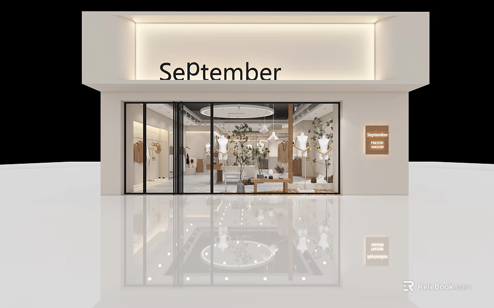 Modern September Clothing Storefront With Glass Windows Display Racks And Chandeliers 3d model 