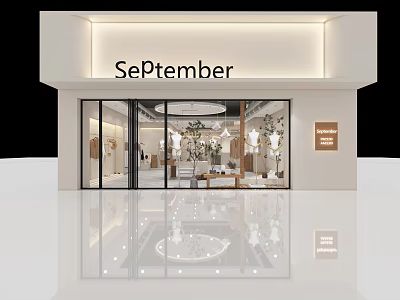 Modern September Clothing Storefront With Glass Windows Display Racks And Chandeliers 3d model