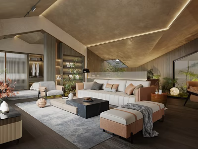Modern Hotel Room Interior Design With Cozy Sofa Soft Lighting Green Plants And Plush Carpet 3d model