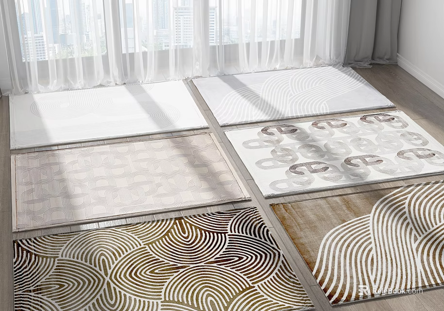 Decorative Square Rugs With Geometric Wave And Circle Patterns In Cream White Brown Tones 3d model 