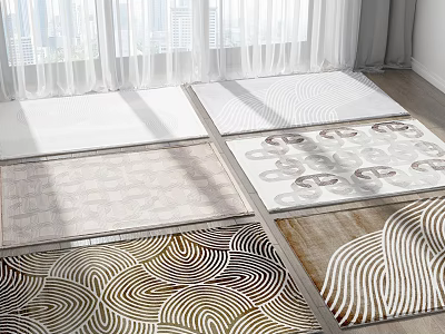 Decorative Square Rugs With Geometric Wave And Circle Patterns In Cream White Brown Tones 3d model