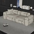 Modern Beige Double Sofa With PARIS Lettering On Carpet Near Dark Wall Bookshelf And Lamp