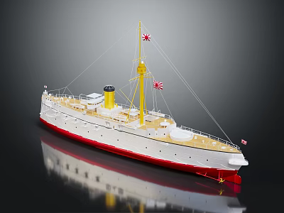 Vintage Red and White Ship Model with Yellow Chimney Wooden Deck and Flags 3d model
