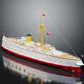 Vintage Red and White Ship Model with Yellow Chimney Wooden Deck and Flags