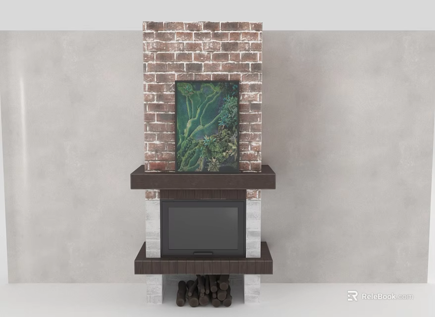 Brick Fireplace With Green Painting Above And Wooden Logs In Rustic Interior 3d model 