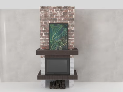 Brick Fireplace With Green Painting Above And Wooden Logs In Rustic Interior 3d model
