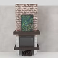 Brick Fireplace With Green Painting Above And Wooden Logs In Rustic Interior