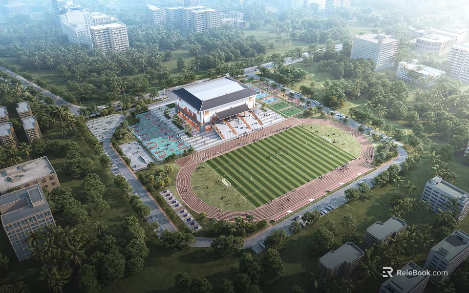 Aerial View Of Modern Stadium With Football Field Track And Green Surroundings 3d model 