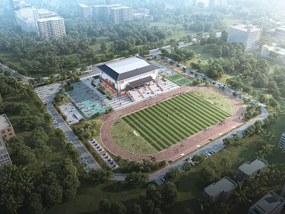 Aerial View Of Modern Stadium With Football Field Track And Green Surroundings 3d model