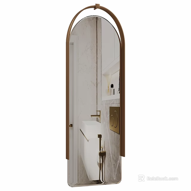 Arched Bathroom Mirror With Brass Frame And White Vanity On Marble Wall 3d model 