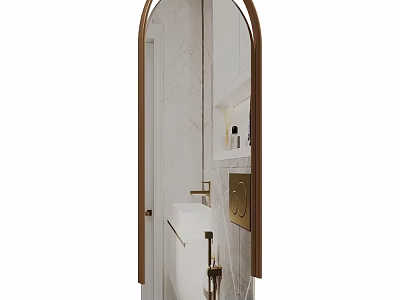 Arched Bathroom Mirror With Brass Frame And White Vanity On Marble Wall 3d model