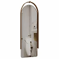 Arched Bathroom Mirror With Brass Frame And White Vanity On Marble Wall