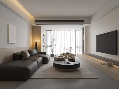 Modern Minimalist Living Room Interior With Gray Sofa Round Coffee Table TV And Large Windows 3d model