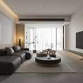 Modern Minimalist Living Room Interior With Gray Sofa Round Coffee Table TV And Large Windows