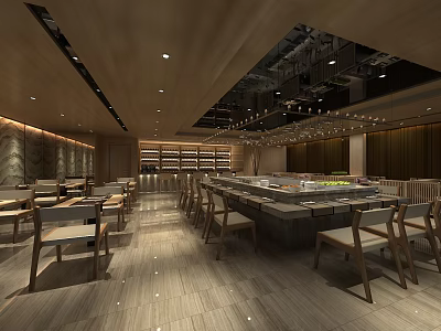Modern Restaurant Interior With Wooden Dining Tables Chairs And Hanging Lights 3d model