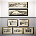 Vintage Framed Architectural Sketches Of Classic Buildings And City Maps
