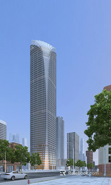 Modern Glass Facade Office Skyscraper With Blue Sky And Green Trees 3d model 