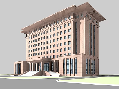 Modern Office Building Featuring Traditional Roof Brown Facade Numerous Windows Grand Entrance And Glass Doors 3d model