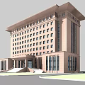 Modern Office Building Featuring Traditional Roof Brown Facade Numerous Windows Grand Entrance And Glass Doors
