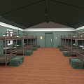Interior View Of Dormitory With Metal Frame Bunk Beds Green Crates And Brown Floor