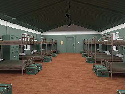 Interior View Of Dormitory With Metal Frame Bunk Beds Green Crates And Brown Floor 3d model