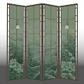 Elegant Chinese Screen with Landscape Tree Patterns Metal Frame and Warm Pendant Lights 3d model