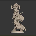 Carved Female Warrior Sculpture with Flowing Robes Ornate Headdress Sword and Pedestal Base