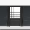 Stylish Furniture Interior With Dark Curtains Paneled Walls And Large Window Design