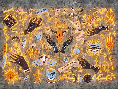 Mystical Wall Decor with Hand Eye Sun Moon Symbols and Artistic Design on Gray Wall 3d model