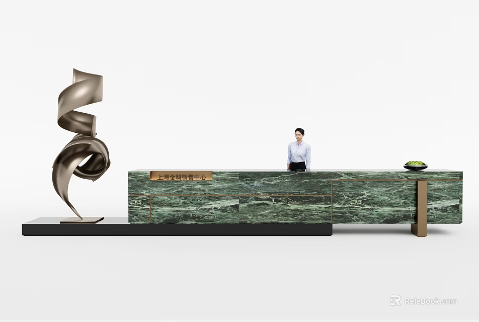 Elegant Green Marble Reception Desk with Textured Surface Abstract Sculpture and Receptionist 3d model 