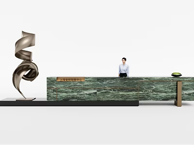 Elegant Green Marble Reception Desk with Textured Surface Abstract Sculpture and Receptionist 3d model