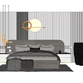 Cozy Double Bed With Gray White Bedding Nightstands Table Lamps Striped Wallpaper And Black Armchair