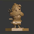 Intricate Golden Humanoid Character With Winged Creature Sculpture And Mechanical Base