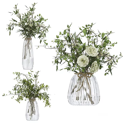 Clear Glass Vases with White Roses Green Foliage and Jute Rope Decorative Details 3d model