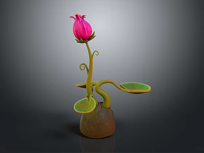 Cartoon Scene Featuring Pink Flower Bud Green Curly Stem Round Leaves And Brown Pot 3d model