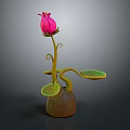 Cartoon Scene Featuring Pink Flower Bud Green Curly Stem Round Leaves And Brown Pot