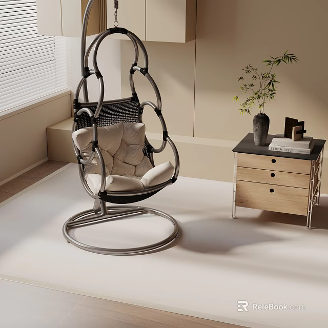 Hanging Rattan Leisure Chair with Cream Cushion Metal Frame Side Table Potted Plant and Books 3d model 