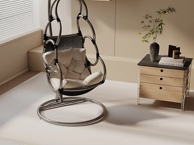 Hanging Rattan Leisure Chair with Cream Cushion Metal Frame Side Table Potted Plant and Books 3d model