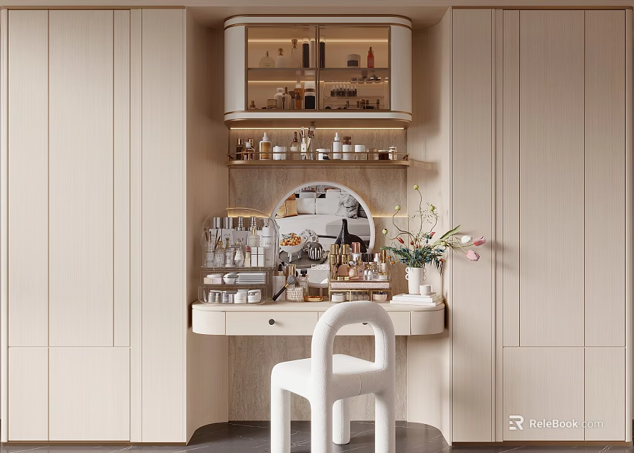 Modern Minimalist Dressing Table With Glass Cabinet Mirror Cosmetics And White Chair 3d model 