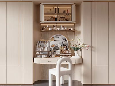 Modern Minimalist Dressing Table With Glass Cabinet Mirror Cosmetics And White Chair 3d model