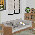 Light Gray Two Seater Sofa With Pillows Wooden Side Table And Green Plant