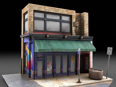 Rural Self Built Two Story House With Colorful Facade Green Awning Windows And Wooden Barrel 3d model