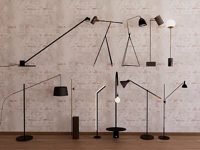 Various Designed Floor Lamps in Interior Setting With Brick Wall and Wooden Floor 3d model