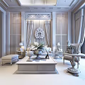 Chinese Style Sofa And Coffee Table Set With Potted Plant Table Lamps And Patterned Carpet